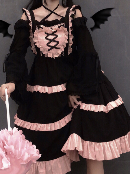 Image of Abiti Gothic Lolita Increspature Pizzo Azzurro Rosa Regolabile Elastico