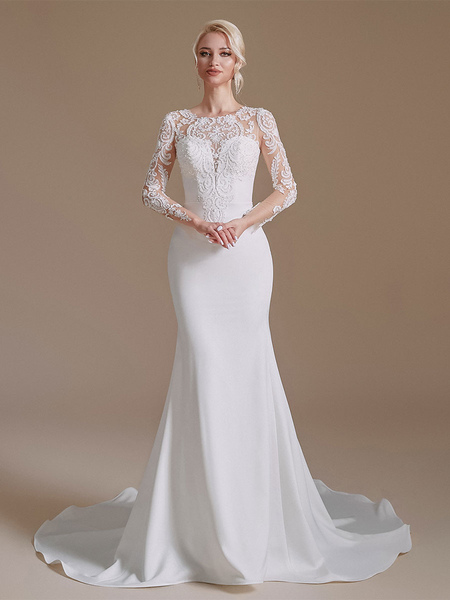 Wedding Dress Jewel Neck Long Sleeves Lace With Train Bridal Gowns Free Customization