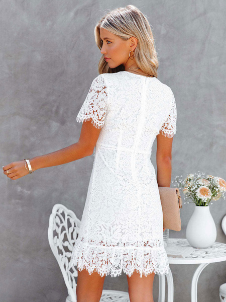 Cut Out Layered Lace Sexy Crewneck Short Sleeves Lace Dresses