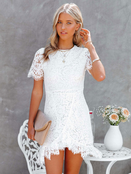 Cut Out Layered Lace Sexy Crewneck Short Sleeves Lace Dresses