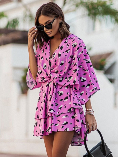 Summer Dress Pink V-Neck Polyester Beach Dress