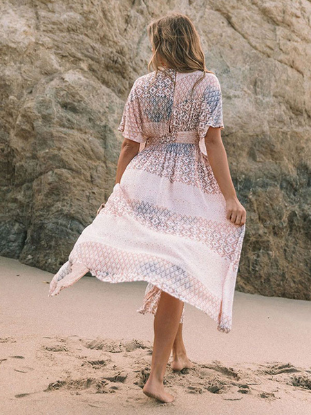 Summer Dress Cover Ups Pink V-Neck Floral Print Polyester Beach Dress