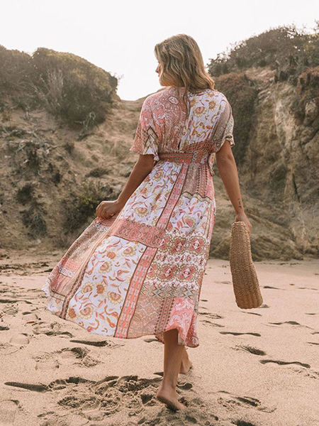 Summer Dress Cover Ups Pink V-Neck Floral Print Polyester Beach Dress