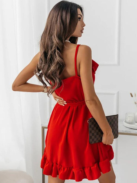 Summer Dress Red Straps Neck Polyester Beach Dress