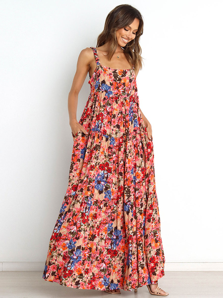 Maxi Dress Straps Neck Sleeveless Polyester Printed Long Dress