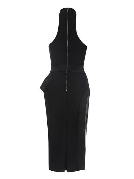 Party Dresses Black Jewel Neck Zipper Sleeveless Open Shoulder Semi Formal Dress