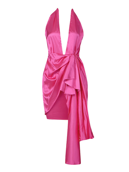 Party Dresses Rose V-Neck Cascading Ruffles Sleeveless Asymmetrical Semi Formal Dress