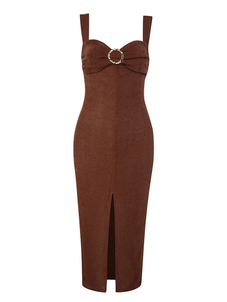 Party Dresses Coffee Brown Straps Neck Zipper Sleeveless High-slit Semi Formal Dress