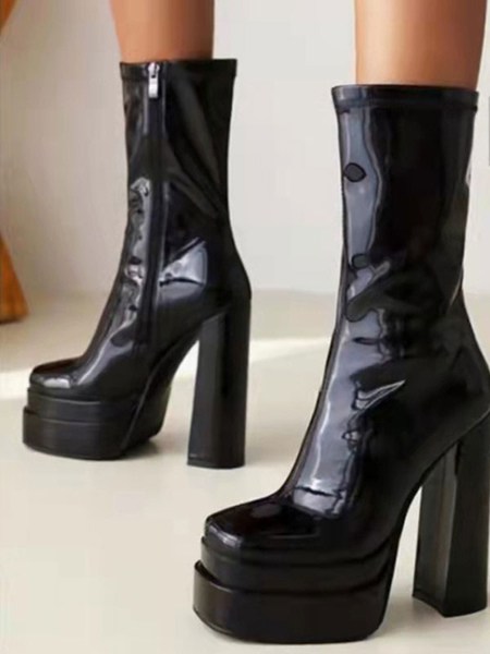 milanoo.com Women\\'s Mid Calf Boots Patent PU Upper Square Toe Chunky Heel Boots