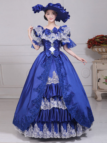 Image of Costumi retrò blu Fiocchi di pizzo da donna Poliestere Marie Antoinette Costume Abito a tunica Cappello Abito da ballo in maschera stile europeo
