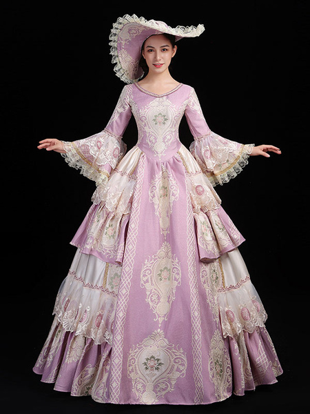 Image of Costumi retrò rosa da donna con stampa floreale in pizzo con volant in poliestere abito a tunica con cappello Marie Antoinette costume abito da ballo in stile europeo