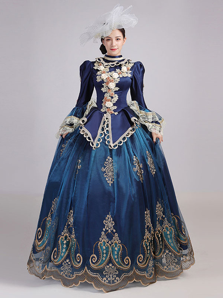 Image of Costumi retrò blu Fiori di pizzo da donna Poliestere Marie Antoinette Costume Tunica Copricapo Abito da ballo in stile europeo