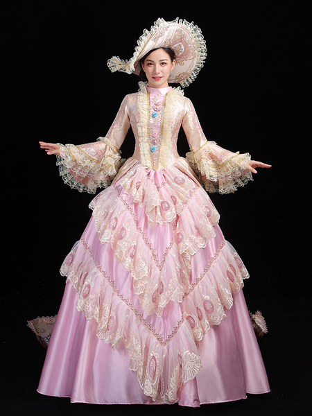 Image of Costumi retrò rosa Abito da donna con cappello a tunica in poliestere con volant in pizzo Euro-Style Marie Antoinette Costume Party Prom Dress