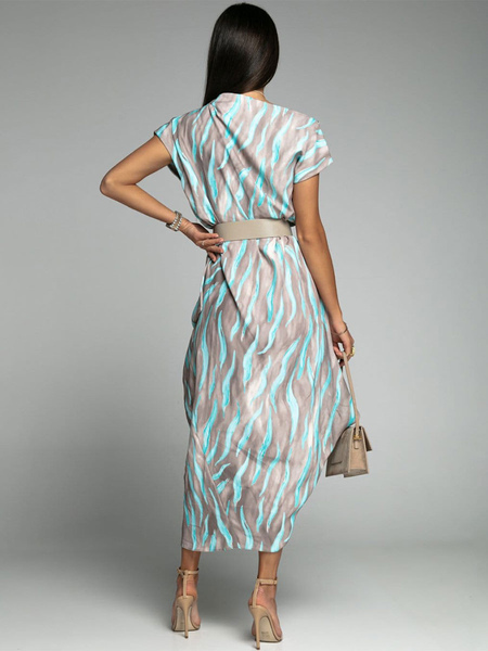 Maxi Dress Bateau Neck Short Sleeves Polyester Stripes Floor Length Dress