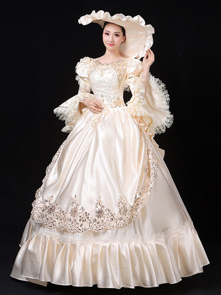 Image of Costumi retrò bianchi ecru Costume da donna Maria Antonietta con balze in pizzo Abito tunica in poliestere Cappello Costume vintage del 18° secolo