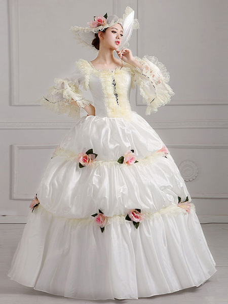 Image of Ecru bianco costumi retrò fiori abito in poliestere tunica vintage da donna Marie Antoinette costume abbigliamento vintage