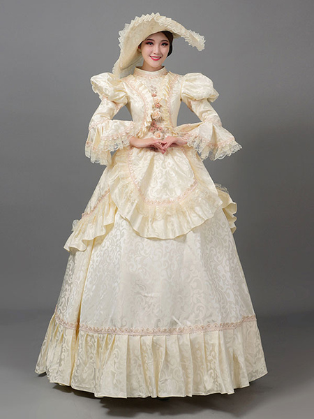 Image of Costumi retrò beige Costume da donna con stampa floreale in pizzo con volant in poliestere Abito vintage Marie Antoinette Costume del XVIII secolo