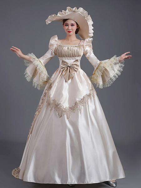 Image of Costumi retrò champagne con volant Cappello in poliestere Tunica da donna in stile europeo Marie Antoinette Costume Party Prom Dress