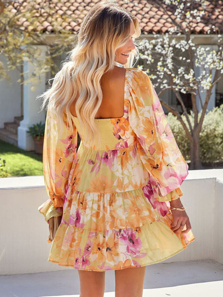 Mini Dresses Yellow Floral Print Long Sleeves Polyester Short Dress