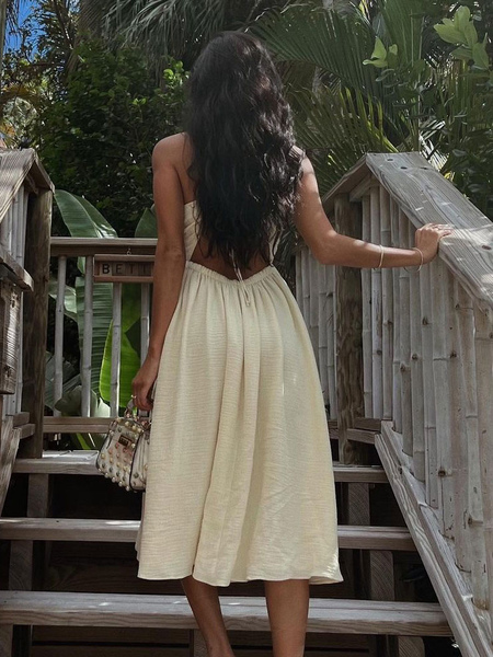 Summer Dress Ecru White V-Neck Polyester Beach Dress