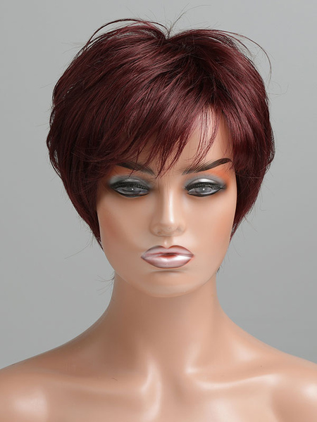 milanoo.com Human Hair Wigs For Women Burgundy Human Hair Casual Short Human Hair Wigs