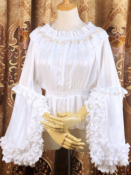 Image of Sweet Lolita Bluse Lolita Top Pizzo Ruffles Camicetta a maniche lunghe Pizzo Bianco Lolita Shirt