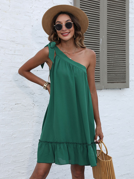 Summer Dress One-Shoulder Lace Up Backless Green Short Beach Dress