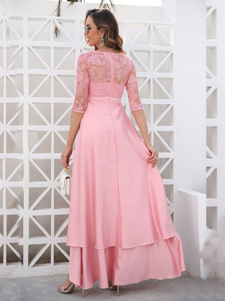 Summer Dress Pink Jewel Neck Lace Printed Polyester Beach Dress