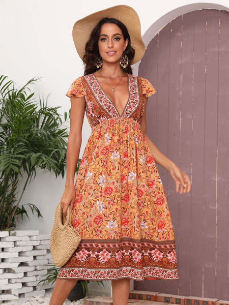 Summer Dress V-Neck Printed Orange Short Beach Dress