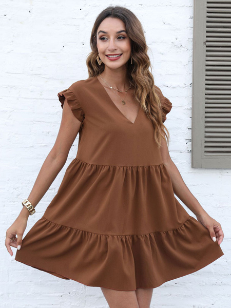 Summer Dress Coffee Brown V-Neck Ruffles Polyester Beach Dress