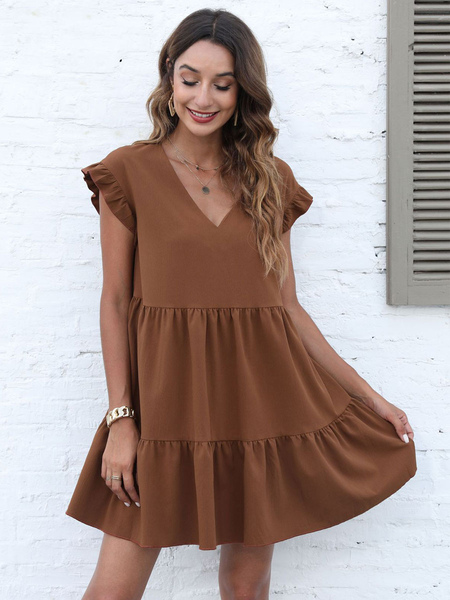 Summer Dress Coffee Brown V-Neck Ruffles Polyester Beach Dress