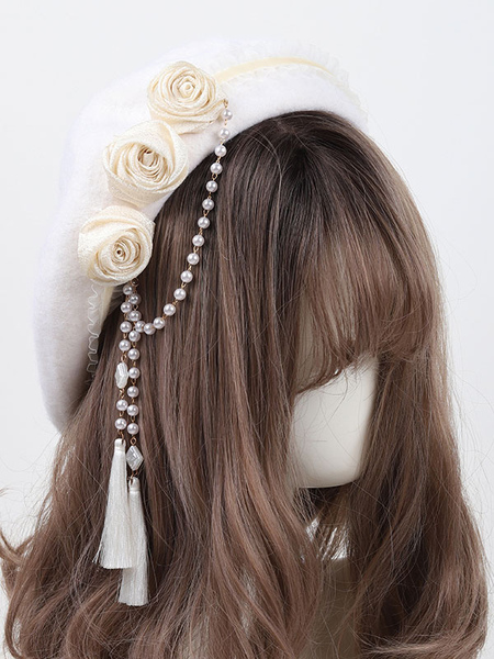 Image of Sweet Lolita Hat Fiori Accessori White Lolita Accessories
