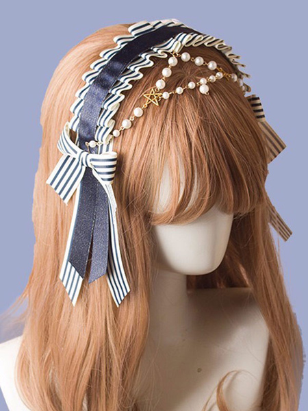 Image of ROCOCO Style Lolita Accessori Blu Perle Catene Poliestere Copricapo Strisce Varie