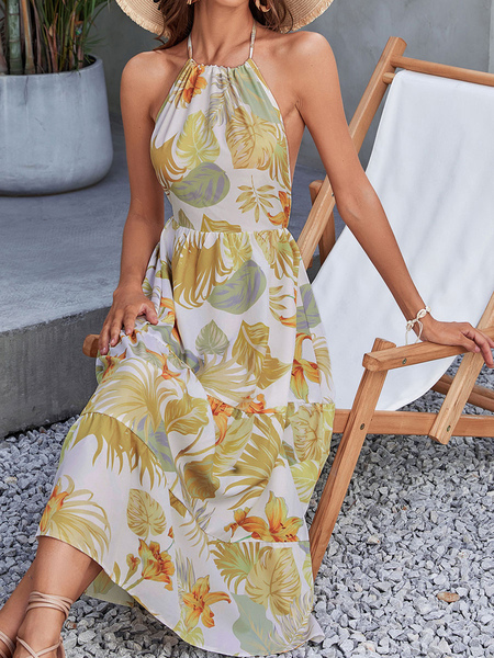 Summer Dress Straps Neck Floral Print Lace Up Backless Yellow Long Beach Dress