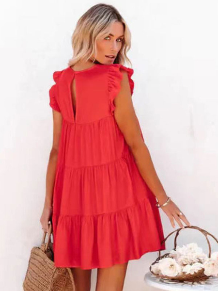 Skater Dresses Polyester Jewel Neck Ruffles Red Sexy Sleeveless Flared Dress