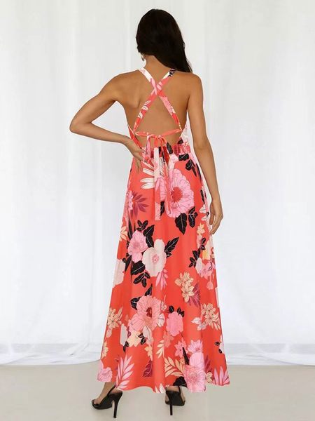 Boho Dress Lace Up Jewel Neck Sleeveless Floral Print Backless Beach Dress