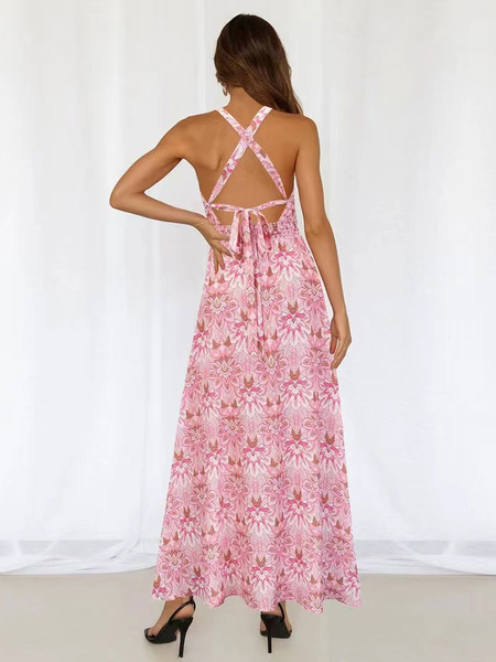 Boho Dress Lace Up Jewel Neck Sleeveless Floral Print Backless Beach Dress