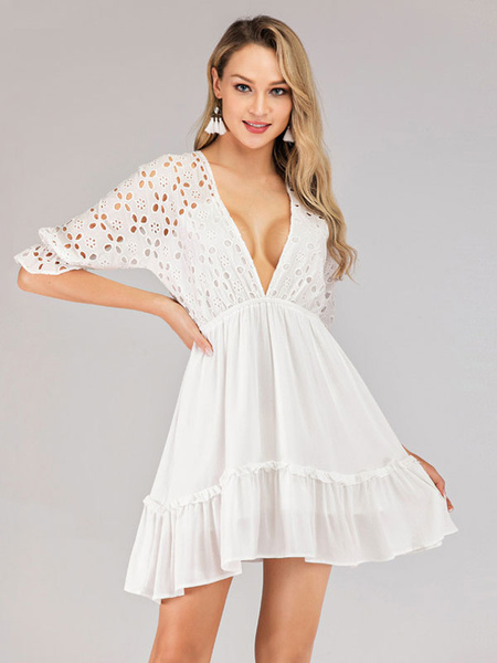 Summer Dress V-Neck Cut Out Backless White Short Beach Dress