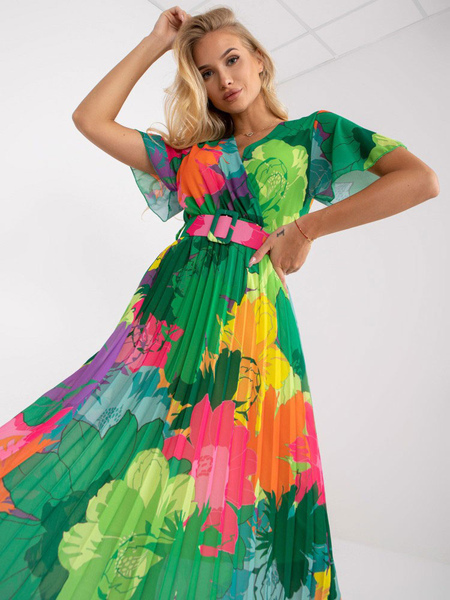 Summer Dress V-Neck Floral Print Sash Green Medium Beach Dress