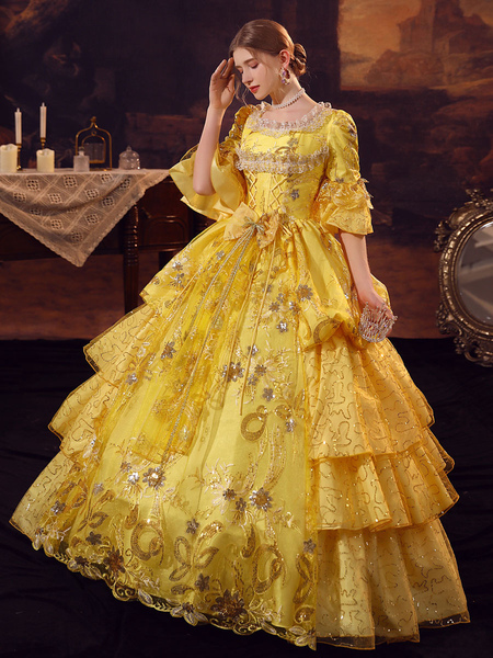 Image of Costumi retrò oro Abito in poliestere Costume Marie Antoinette Abito da ballo in maschera gotica da donna