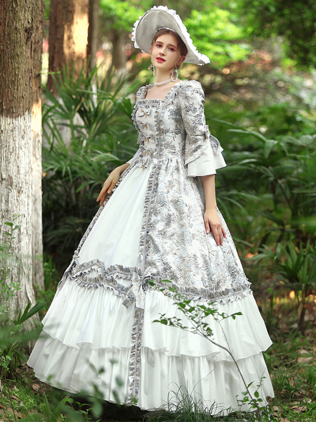 Image of Costumi retrò bianchi Abito da donna in poliestere con volant Marie Antoinette Costume Royal Party Prom Dress