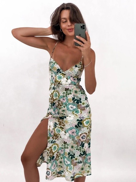 Summer Dress Green Straps Neck Split Front Floral Print Polyester Beach Dress