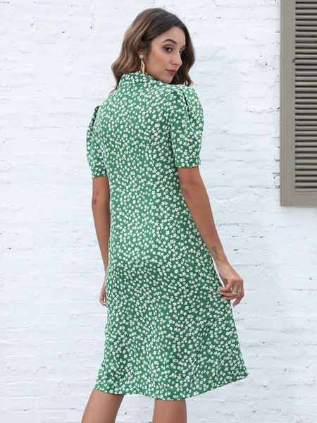 Printed Vacation Dresses Polyester Turndown Collar Short Sleeves Midi Dress