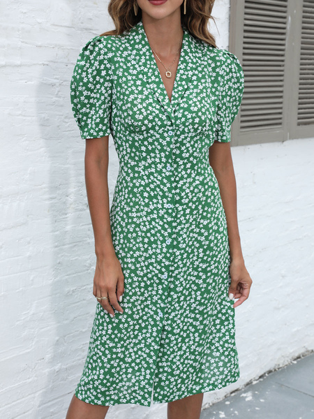 Printed Vacation Dresses Polyester Turndown Collar Short Sleeves Midi Dress