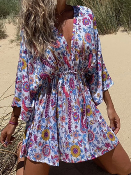 Skater Dresses Printed Polyester V-Neck Lace Up Purple Casual Long Sleeves Fit And Flare Dress