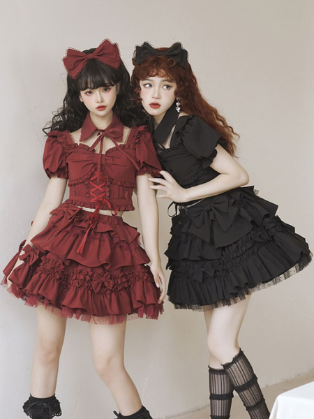 gothique lolita outfits bordeaux bows volants manches courtes jupe top