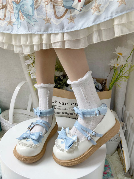 Image of Calzature Sweet Lolita Sky Blue Ruffles Bows Scarpe Lolita in pelle PU con tacco grosso