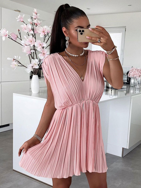 Skater Dresses Polyester V-Neck Pleated Apricot Sexy Short Sleeves Flared Dress