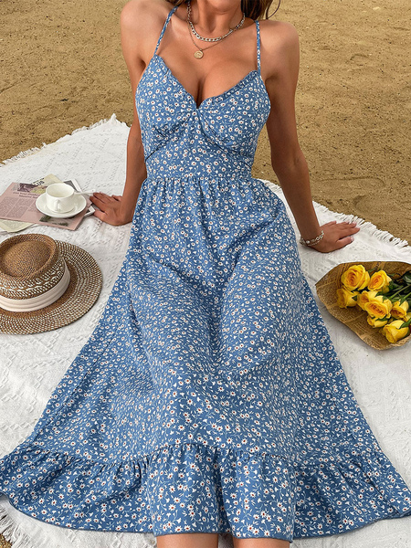 Floral Print Polyester Classic Straps Neck Sleeveless Midi Dress