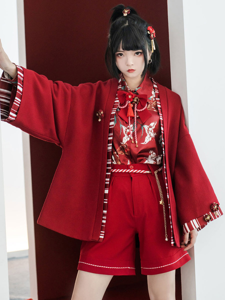 kimono lolita manteaux fleurs rouges polyester pardessus manteau rayures été lolita outwears